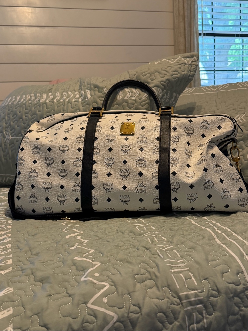 MCM White and Black Logo Travel Duffel